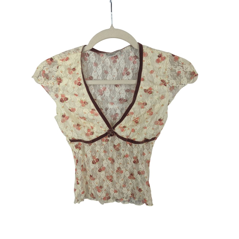 Kimchi Blue Floral Mesh Lace Top Cream Brown Velvet Trim Rosette V-Neck Small